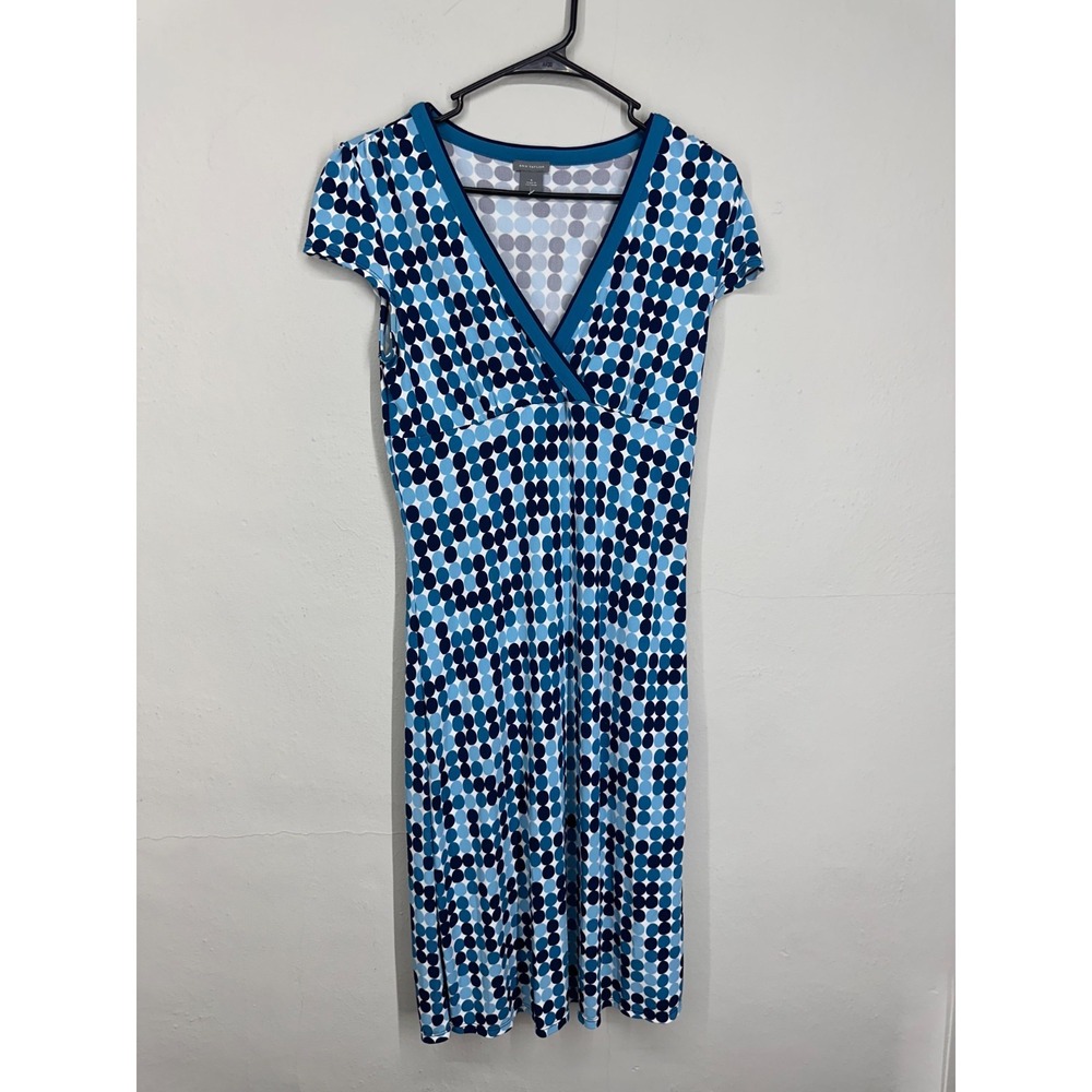 2000s Ann Taylor Faux Wrap Dress Size 4 Blue Polka Dot Print Cap Sleeve Career